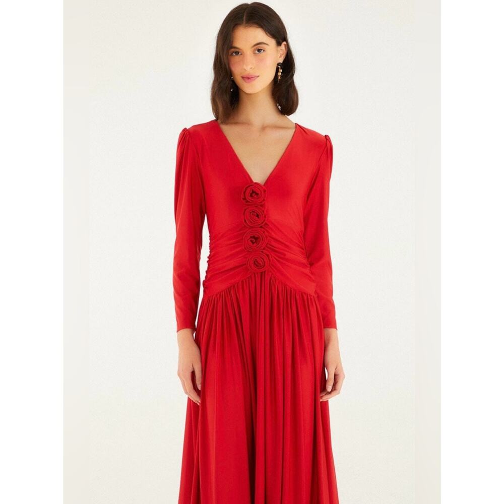 FARM RIO Brazilian Romance Red Flowers Midi Dress